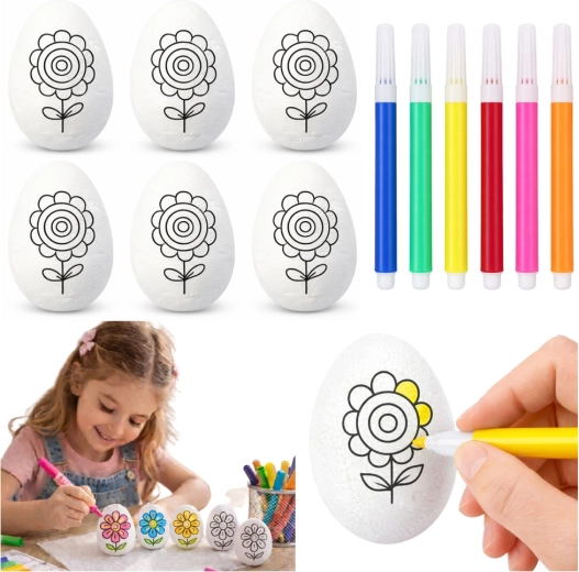 Ouă de Paște din polistiren de colorat cu markere, model floral - 6 buc.