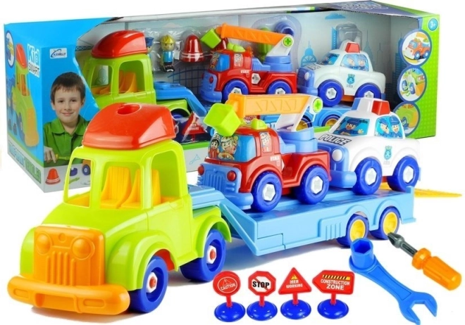 Set Vehicule Dezasamblabile – Poliție și Pompieri pe Transportator