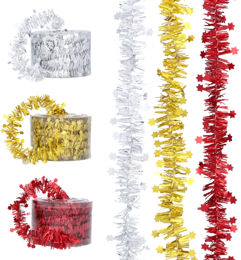 Ghirlandă de Crăciun cu franjuri și steluțe 7 m – roșu, auriu și argintiu