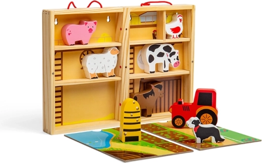 Bigjigs Toys fermă portabilă din lemn în cutie cu animăluțe și tractor