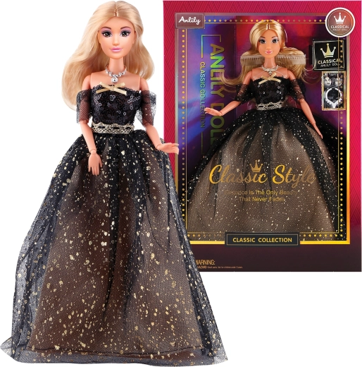 Păpușă la modă în rochie de seară – lungă, neagră