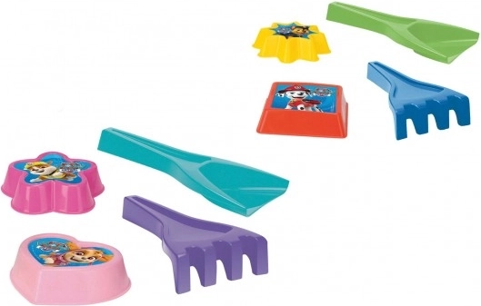 Set de nisip 4 piese Patrula Cățelușilor – lopățică, greblă și 2 forme