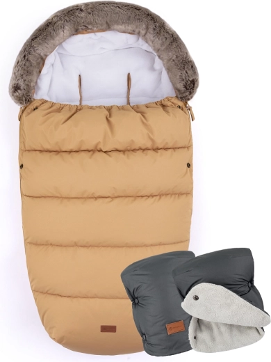 PETITE&MARS sac de iarnă 4în1 Comfy elegant caramel + mănușar Jasie charcoal grey