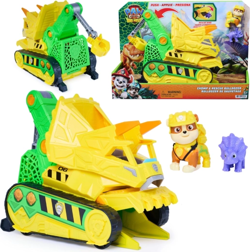 Spin Master Patrula Cățelușilor în film – salvare dino: buldozerul Chomp & Rescue al lui Rubble 23 cm cu figurine