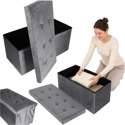 Pufă pliabilă din velur cu spațiu de depozitare, gri, 77 × 38 × 37 cm