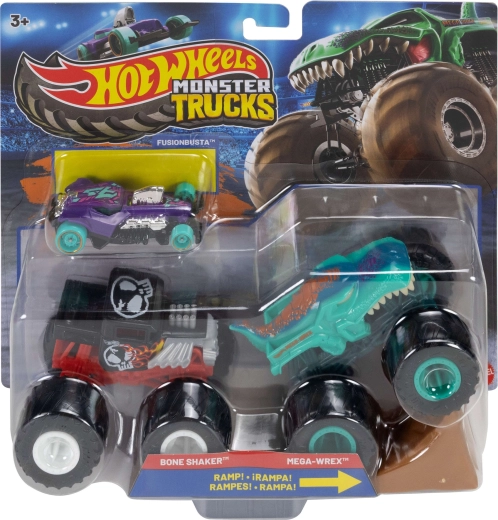 Mattel Hot Wheels Monster Trucks set cu 2 monster truck-uri, rampă și mașinuță Hot Wheels