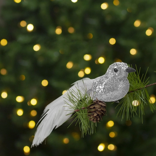 Pasăre decorativă de Crăciun cu sclipici și clemă, argintie – 2 bucăți