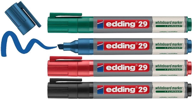 Markere pentru table albe EDDING 29, set de 4 buc., culori de bază