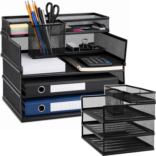 Organizator de birou metalic cu mai multe niveluri pentru documente și accesorii, negru