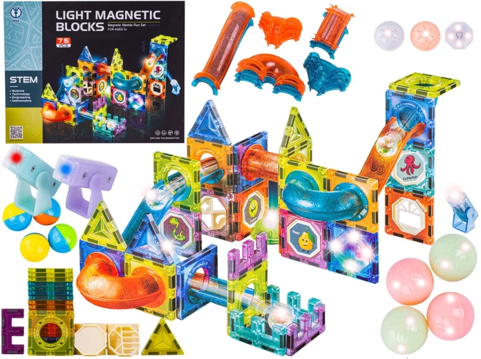 Blocuri de construcție magnetice luminoase – pistă cu bile 75 de piese