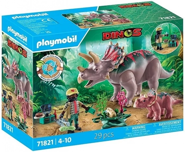 Playmobil dinozauri triceratops cu pui și cercetător