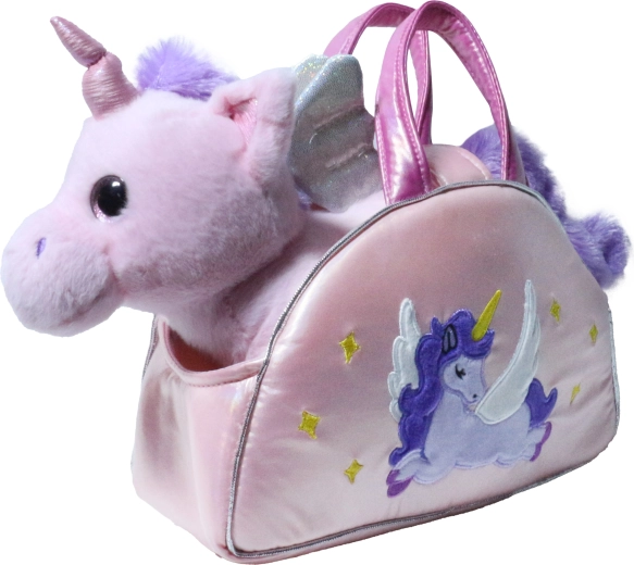 Unicorn roz pal plușat într-o geantă strălucitoare