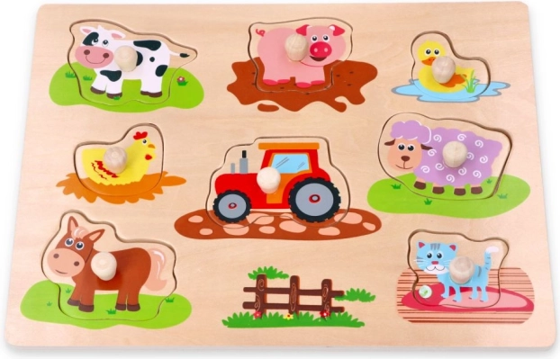 Puzzle din lemn cu prieteni din fermă și tractor