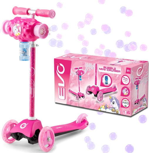 Trotinetă pentru copii EVO Bubblz Mini Cruiser, cu trei roți și aparat de făcut baloane de săpun, roz