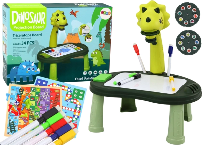 Proiector dinozaur pentru desen 2‑în‑1 pentru copii, cu măsuță și jocuri de masă