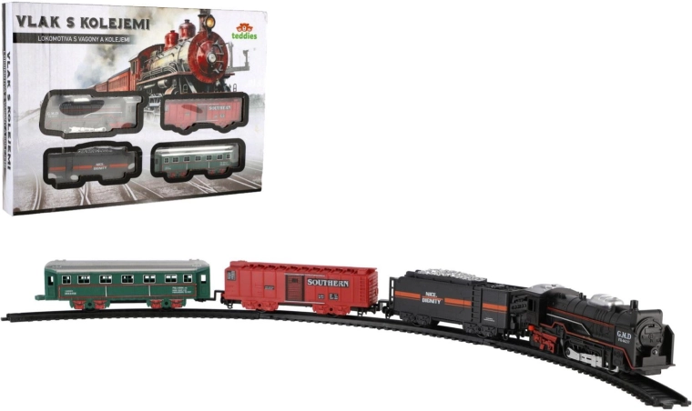 Garnitură de tren cu șine și lumină (locomotivă + 3 vagoane)