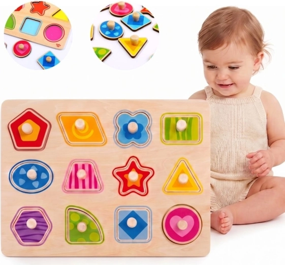 Tooky Toy Montessori puzzle din lemn de potrivire a formelor cu mânere - 1 bucată