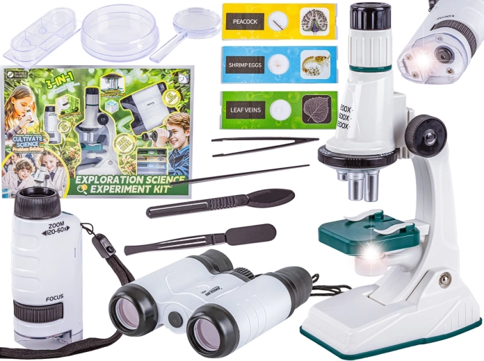 Set educativ științific 3 în 1: microscop, telescop și lupă de buzunar până la 1200×