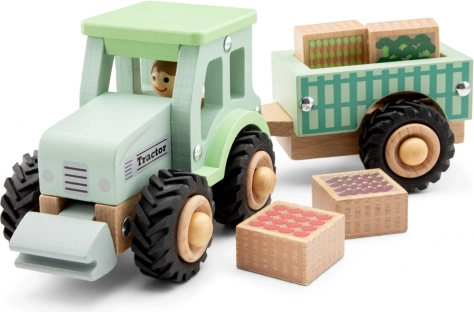 Tractor din lemn cu remorcă și încărcătură