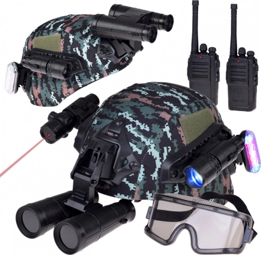 Set de echipament militar cu cască, binoclu și walkie-talkie