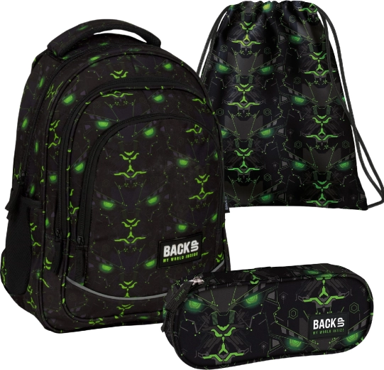 Set școlar BackUP monster green 3în1 – rucsac, penar și sac