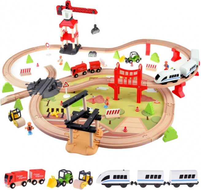 Set de tren din lemn cu macara și set de construcție