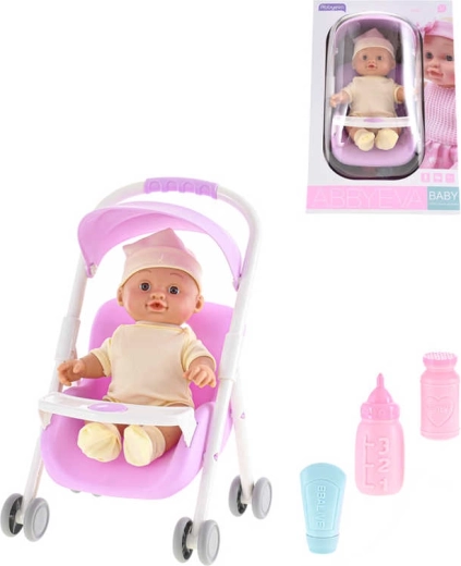 Păpușă bebeluș în cărucior cu sunete și accesorii 24 cm