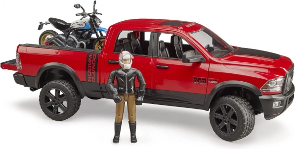 Bruder mașină off-road Ram cu motocicletă Ducati Scrambler și figurină