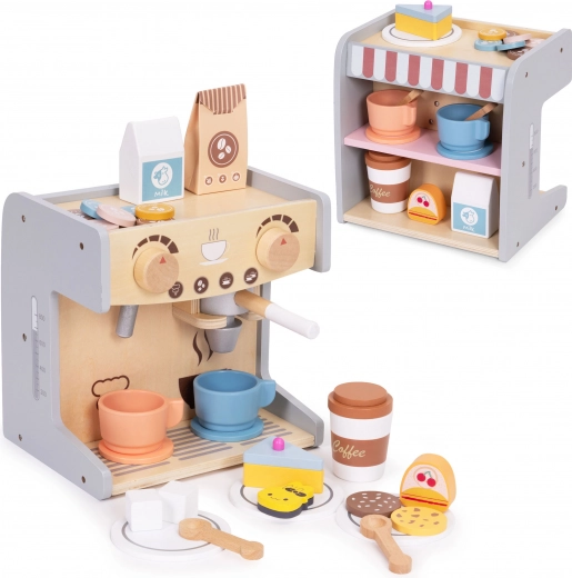 Cafenea și aparat de cafea din lemn pentru copii 2-în-1 cu 26 accesorii ECOTOYS