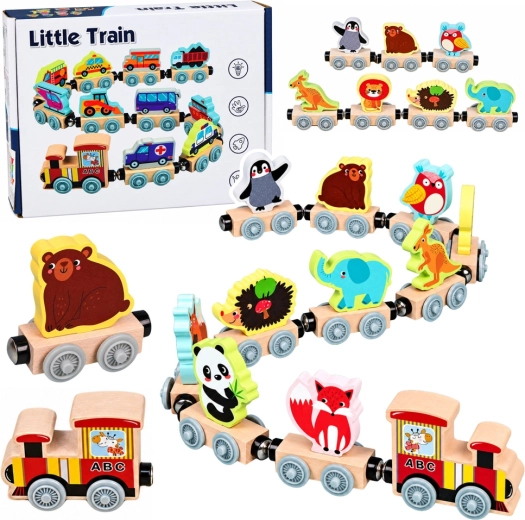 Trenuleț din lemn cu animăluțe, locomotivă și 10 vagoane