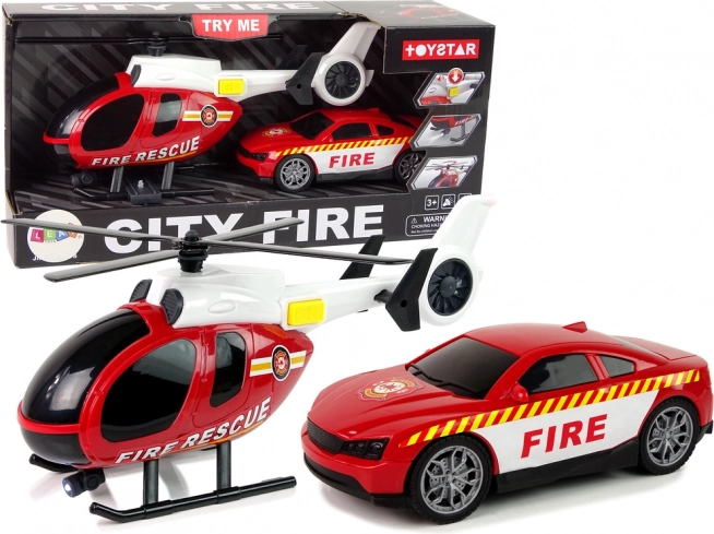 set de salvare pompieri – elicopter și mașină cu lumini și sunete