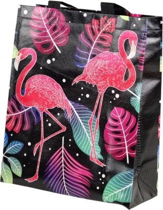 Pungă cadou cu flamingo, neagră, 30,5 × 24,5 × 10 cm