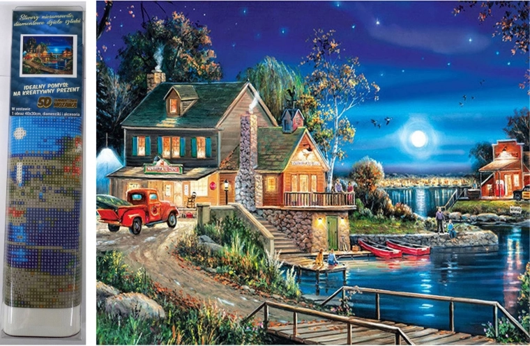 pictură cu diamante Casa de lângă lac 30 × 40 cm