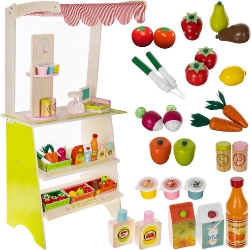 supermarket pentru copii din lemn KRUZZEL cu stand, casă de marcat și fructe