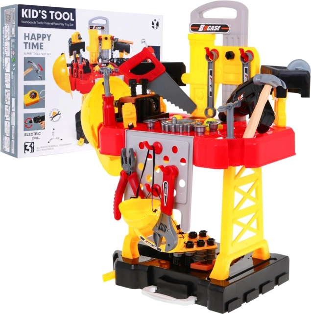 Set de unelte pentru copii 3‑în‑1 – geantă, banc de lucru și costum de maistru constructor, 85 piese