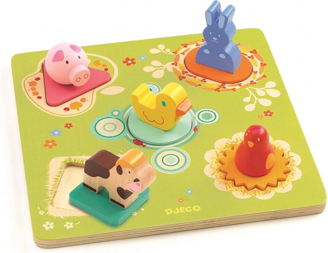 Djeco la fermă – puzzle din lemn cu piese de inserat pentru cei mici