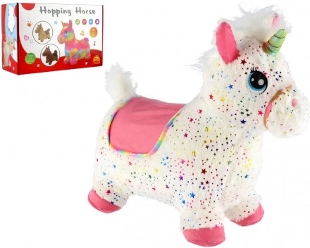 Căluț săltăreț de pluș în formă de unicorn cu sunete, alb cu steluțe