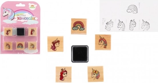 Ștampile din lemn cu tușieră – unicorni și curcubeu (5+1), 3 × 3 cm