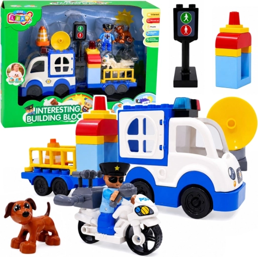 Set de construcție poliție urbană cu mașinuță cu propulsie inerțială, figurine și accesorii