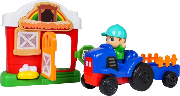 Tractor cu remorcă și hambar cu uși care se deschid