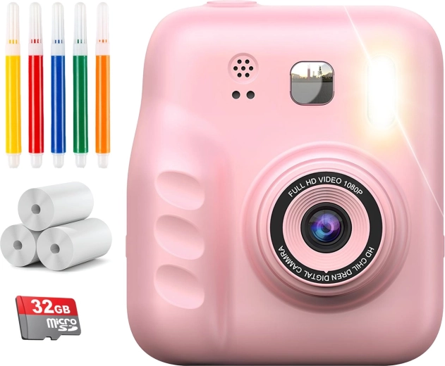 Aparat foto instant digital pentru copii Renew Force cu imprimantă (12 Mpx, SD 32 GB) – roz