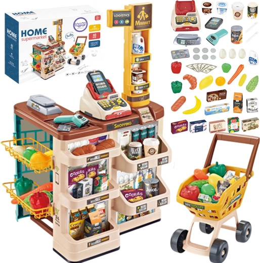 Woopie supermarket pentru copii cu cărucior, casă de marcat, scanner și 48 de accesorii