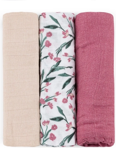 Scutece din muselină de bambus Petite&Mars Moussy pink meadow 68 × 68 cm (3 buc)
