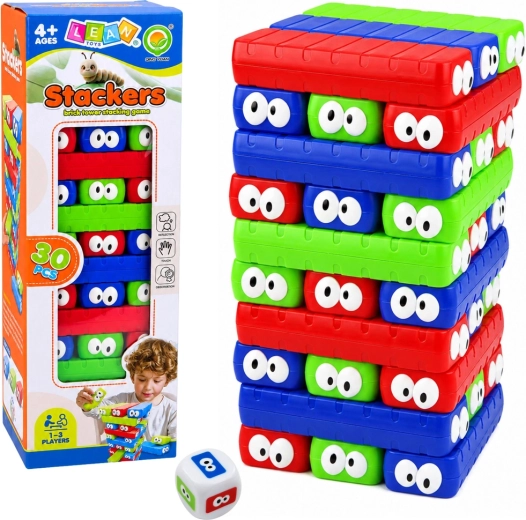Joc de îndemânare pentru familie Stackers – turn din cuburi colorate cu ochi (30 buc.)