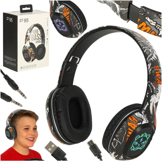 Căști Bluetooth wireless supra-auriculare cu iluminare RGB, negre