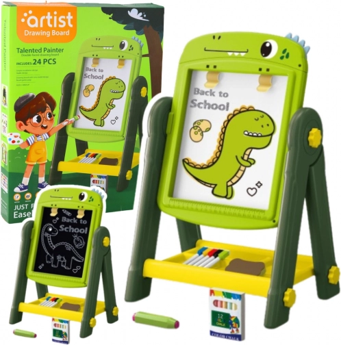 Tablă magnetică cu două fețe pentru desen Dinozaur verde cu accesorii