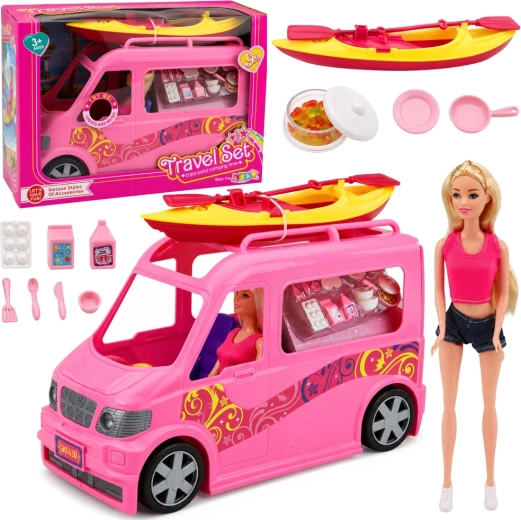 Păpușă călătoare cu mașină de camping, caiac și accesorii cu lumini și sunete