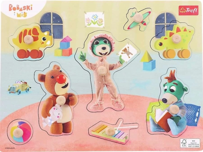Puzzle din lemn cu piese de inserat Bobaski i Miś – 8 piese