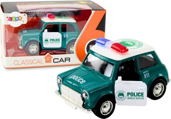 Mașină de poliție clasică 1:38 cu tracțiune, lumini și sunete verzi
