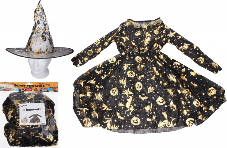Costum de carnaval de vrăjitoare – auriu (rochie și pălărie)